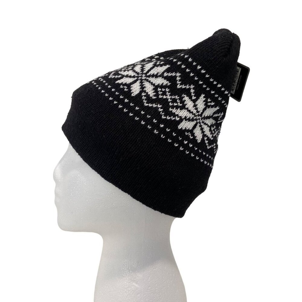 Winter Snowflake Knit Hat Black & White Wool/Acrylic Fleece Lined Beanie unisex